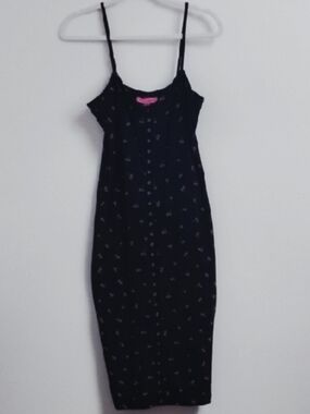 Vintage Betsey Johnson Retro Style Black Cherry Print Snap Front Bodycon Dress